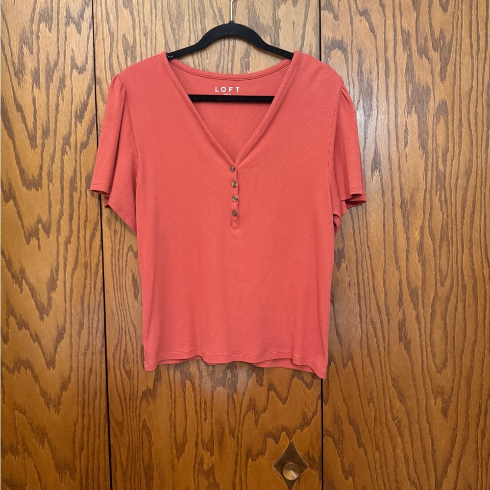LOFT Coral Buttoned V-Neck Tee